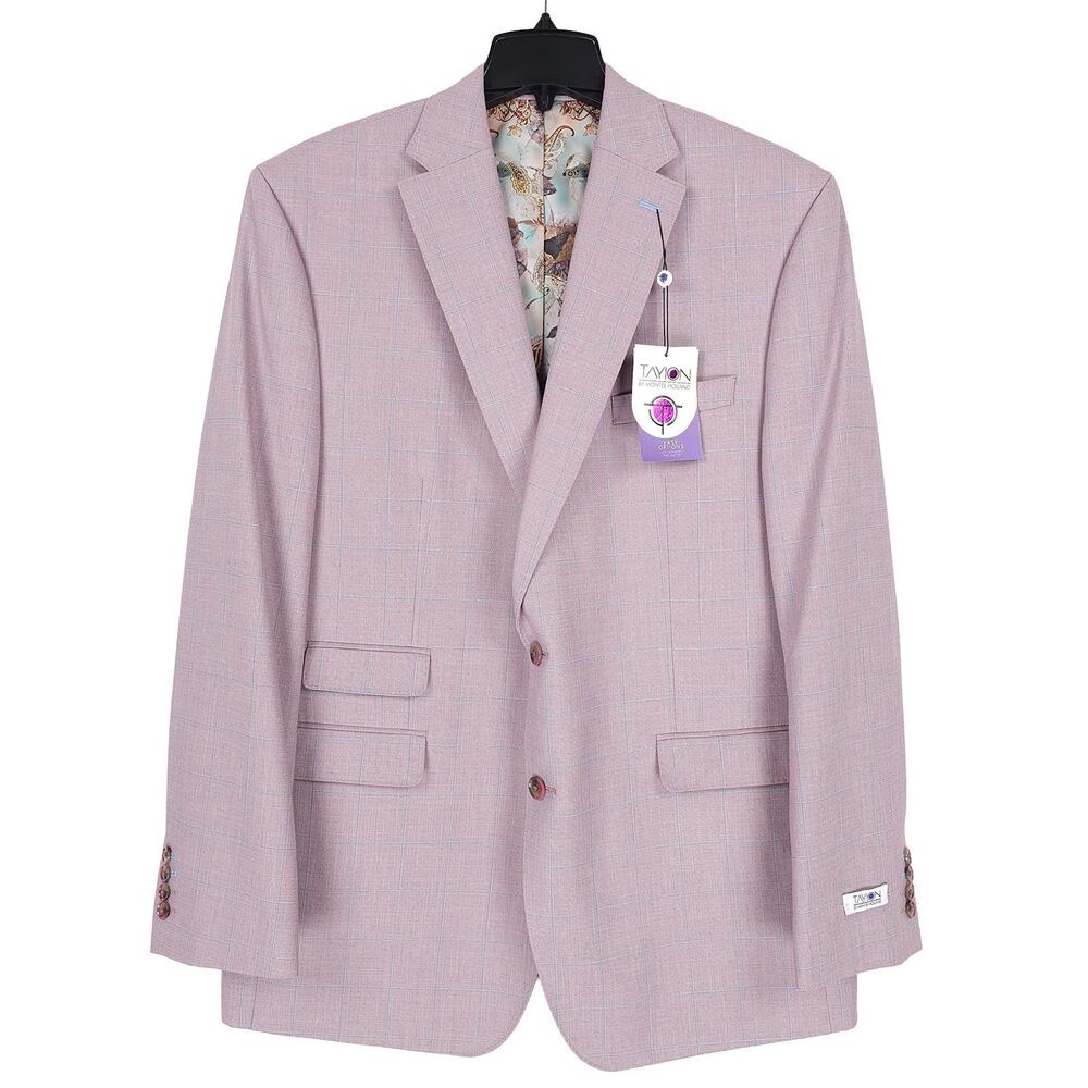 Tayion Mens Classic Fit Suit Jacket Blazer 44R Pink Blue Windowpane Stretch NWT